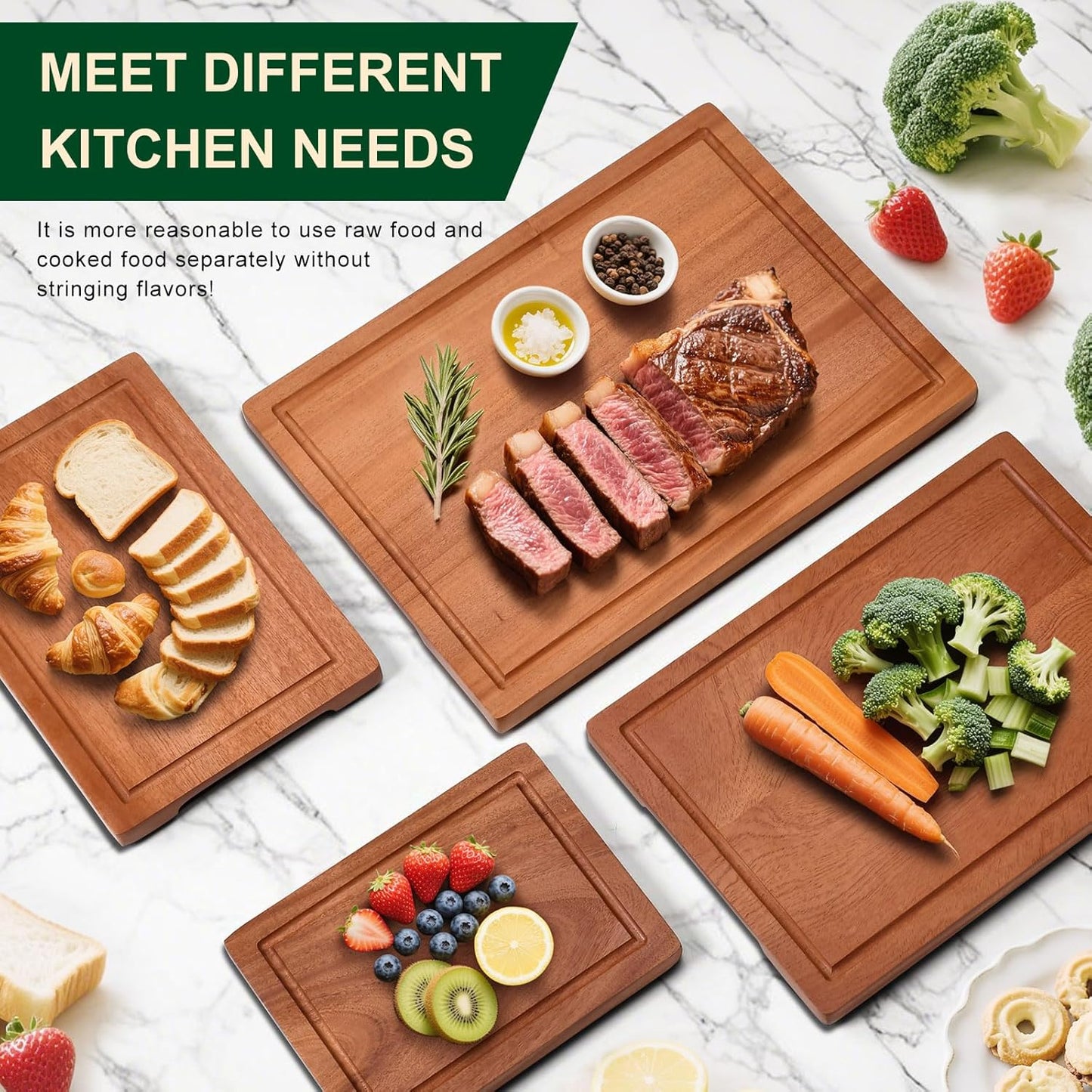 Wooden Cutting Board Set of 4 with Holder Non Toxic Solid Sapele Wood Chopping Boards for Kitchen with Juice Grooves Thick Large Cutting Board (9x7 to 16x12 In) for Meat Vegetables Cheese （Brown）