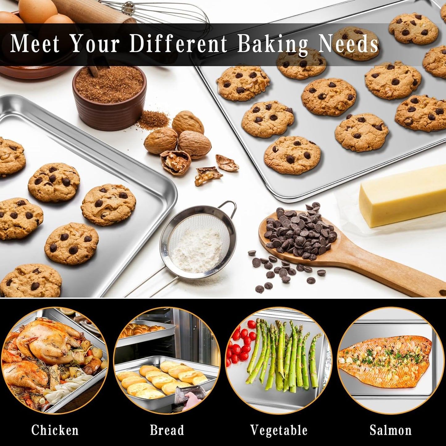 Stainless Steel Baking Sheet Set, 2 Pcs Cookie Sheet Pan Baking Trays for Oven, Non Stick and Heavy Duty and Easy Clean, 9.3 x 6.9 x 1 Inch