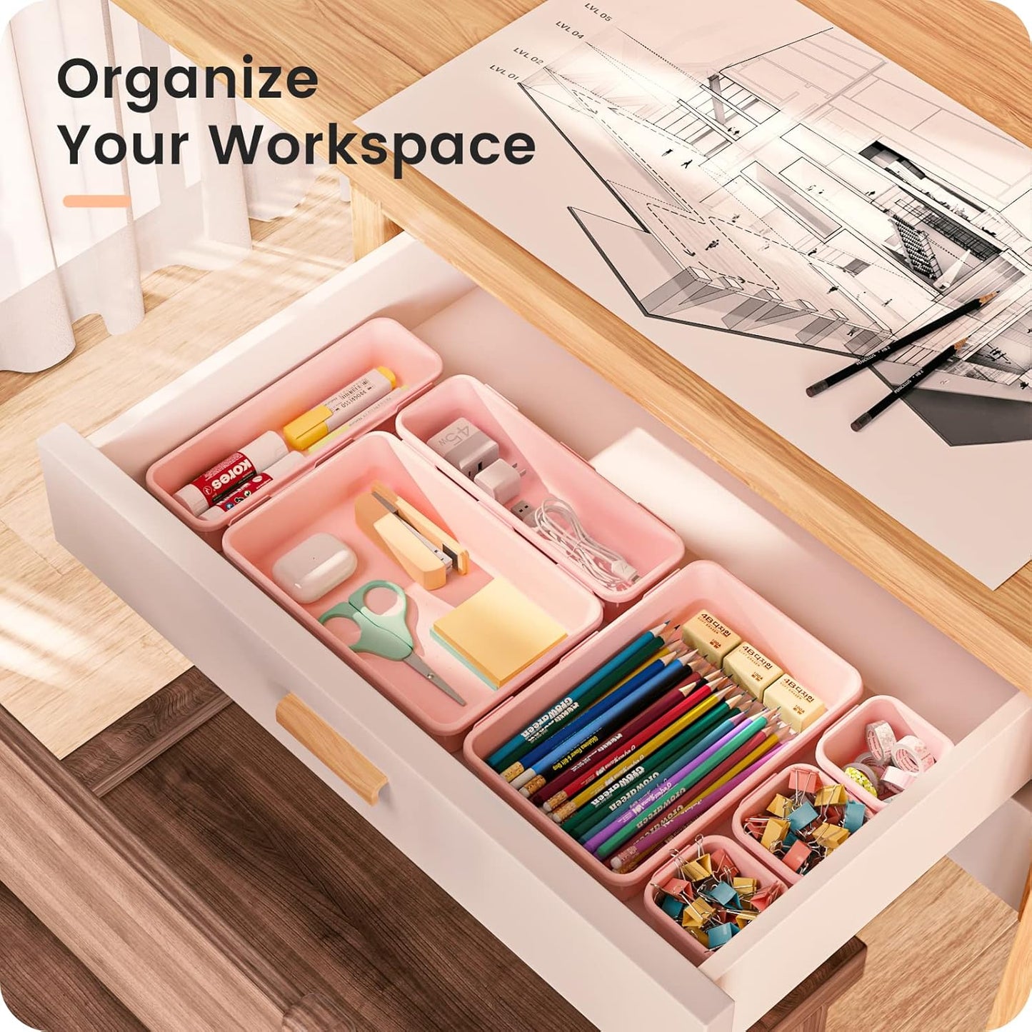 【𝟮𝟮𝗣𝗖𝗦】A-LUGEI Plastic Pink Desk Drawer Organizer, Bathroom Organizers and Storage, Makeup Organizer, Organization and Storage Bin Container for Vanity Office Utensils Gadget Tool Pantry Cosmetic
