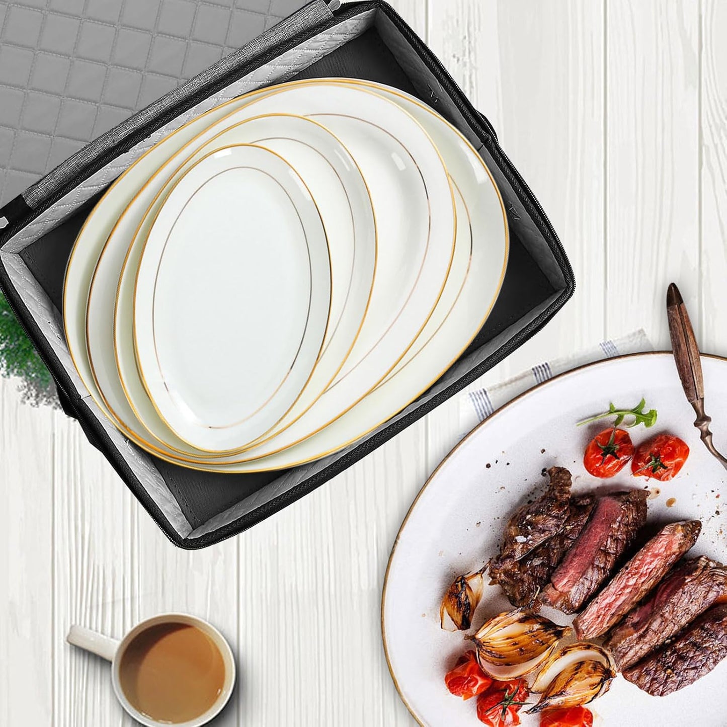 Quilted Platter Storage Case 2PACK-Fine China Storage Containers Hard Shell for Organizing,Stackable Plate Storage Containers with 8 Felt Dividers,dinnerware Storage,Moving Box,Moving Supplies