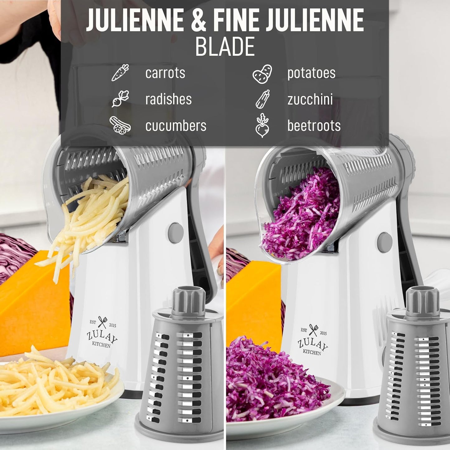 Zulay Kitchen Rotary Cheese Grater 5 Blade Cheese Shredder - Manual Hand Crank Cheese Grater With Reinforced Suction & 5 Interchangeable Drums - Easy to Use, Vegetable Chopper Round Mandoline Slicer