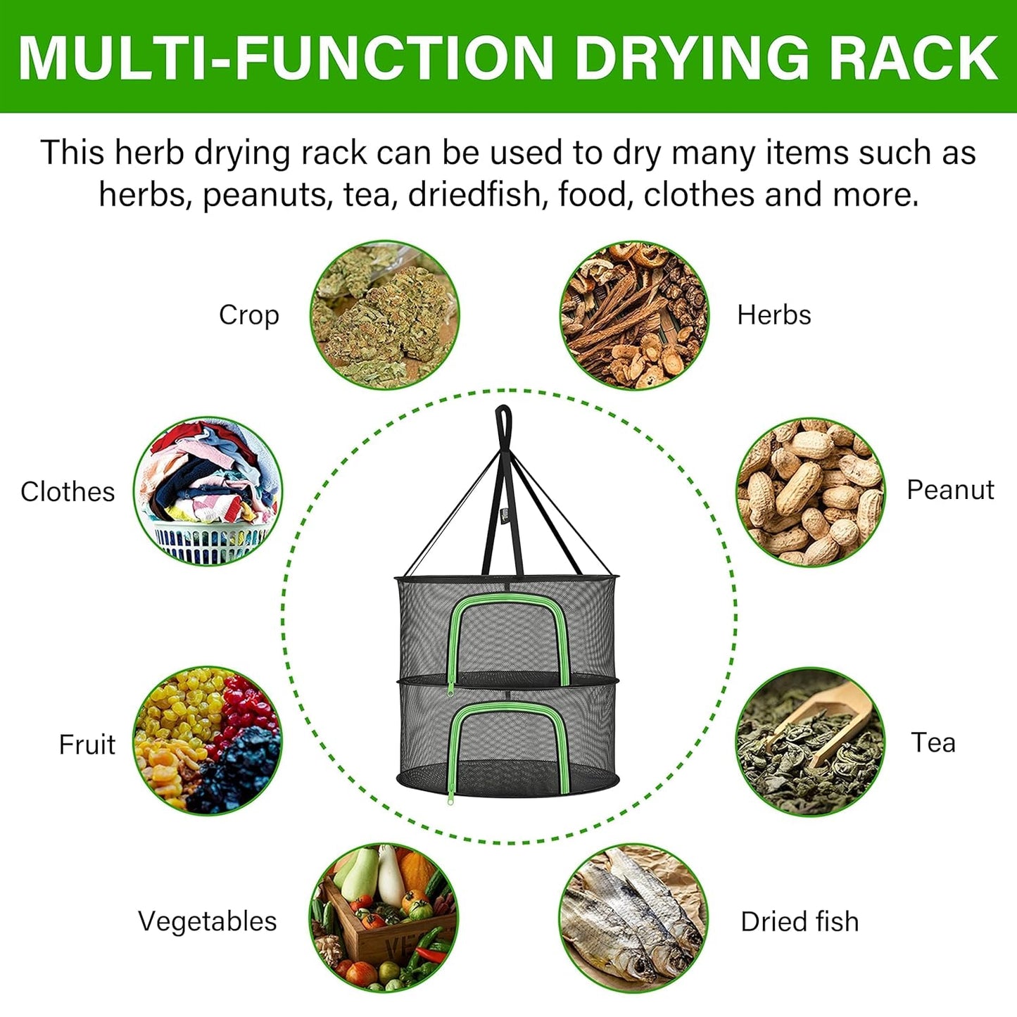 Simple Deluxe 2 Layer 24'' Herb Drying Rack with Hook, U-Zippered Design Hanging Dry Mesh Folding Basket Dryer for Clothes, Herbs