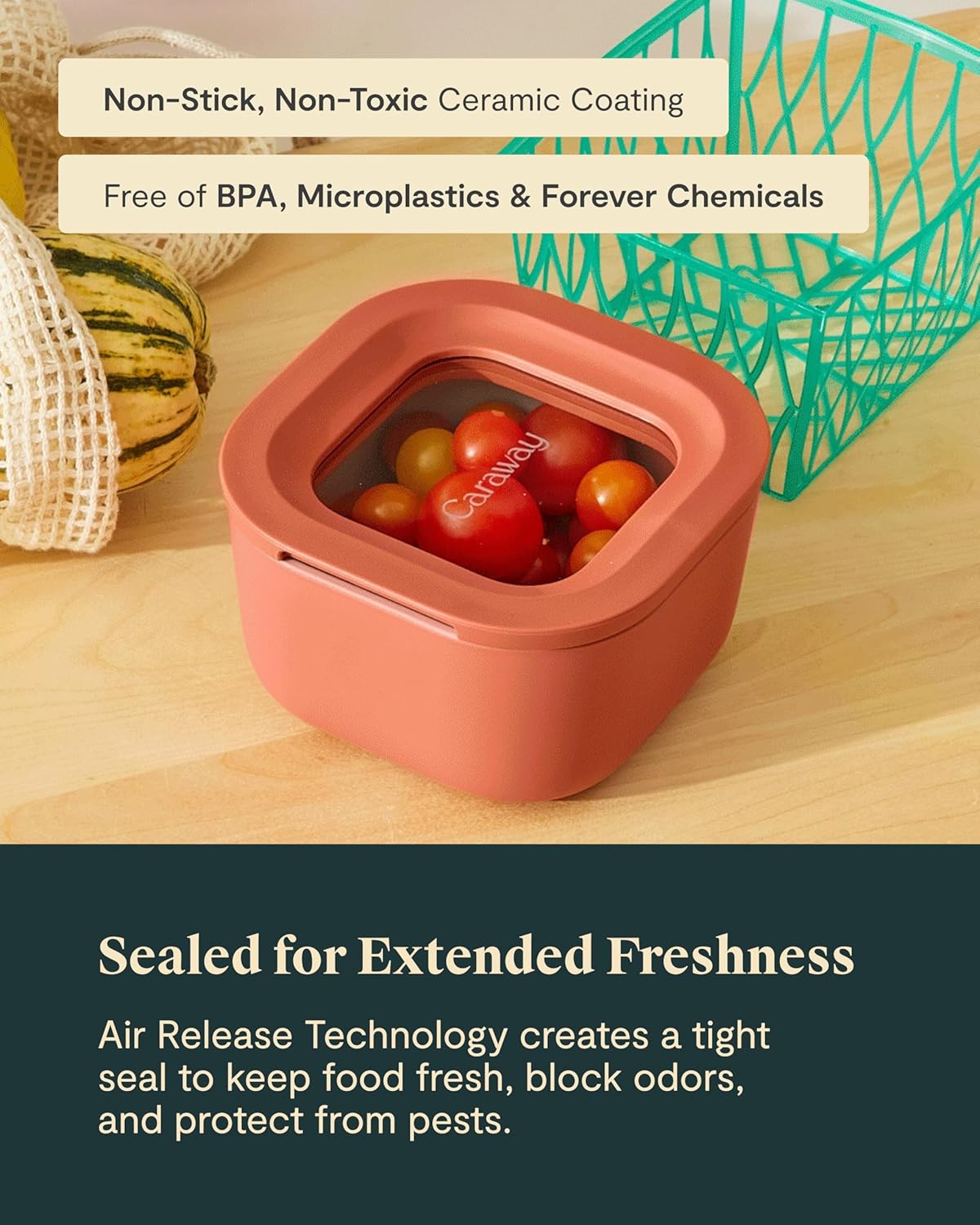 Caraway 6pc Food Storage Container Set - 1.75 Cup Glass Storage Container for Food (6) - Non-Toxic Ceramic-Coated Glass - Air Release Technology - Compact & Stackable Design - Cream