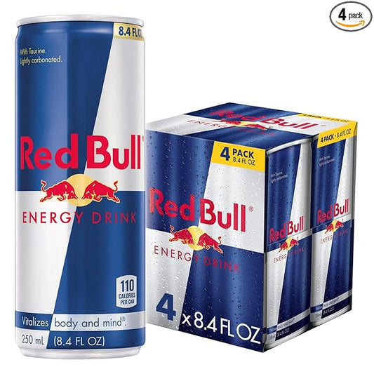 Red Bull Energy Drink with 80mg Caffeine plus Taurine & B Vitamins, 8.4 Fl Oz, Pack of 4 Cans