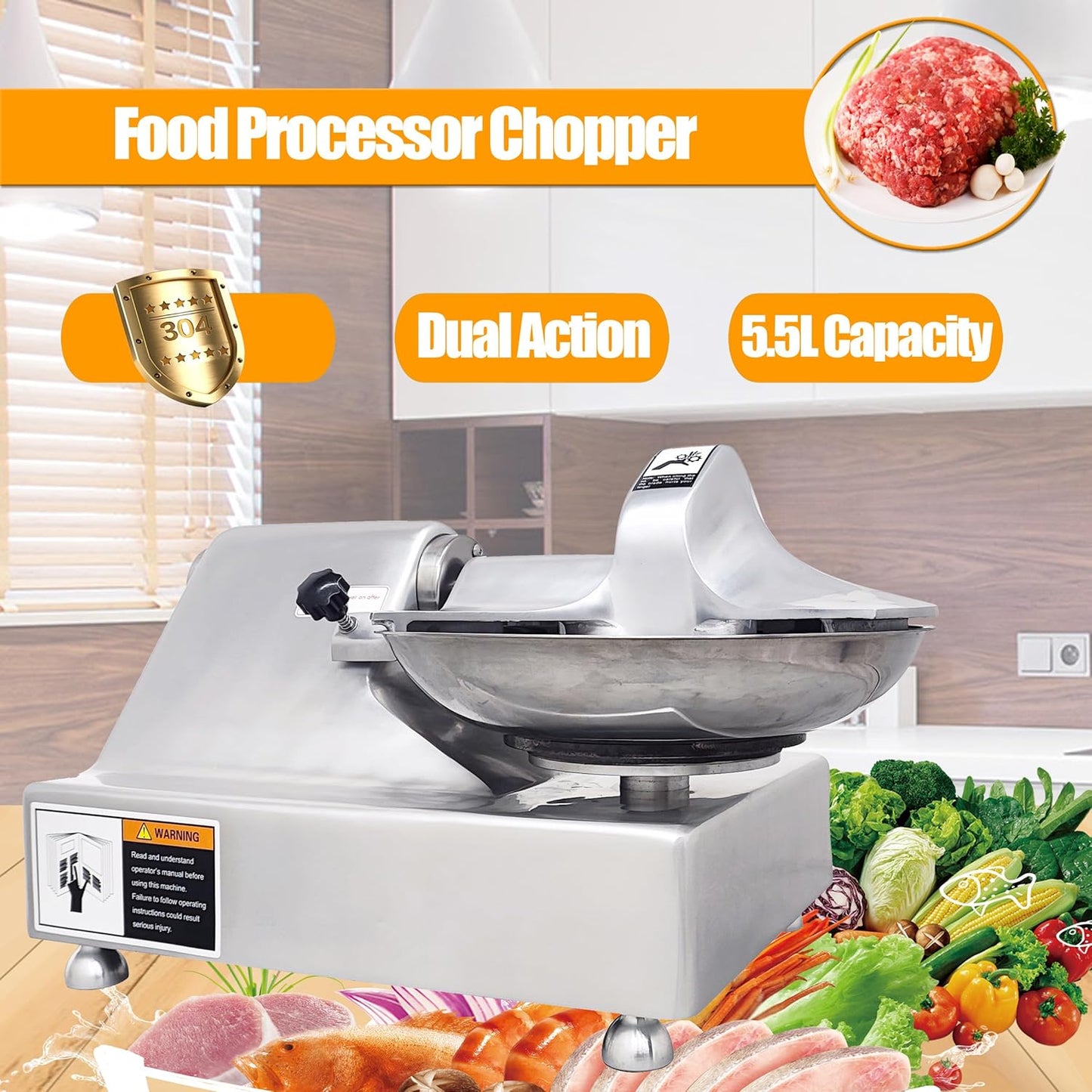 TECHTONGDA 110V Commercial Food Processor Electric Food Cutter Meat Vegetable Chopper Grinder Machine with 5.5L Capacity for Vegetables Fruits Meat Grains Peanut Ginger Garlic