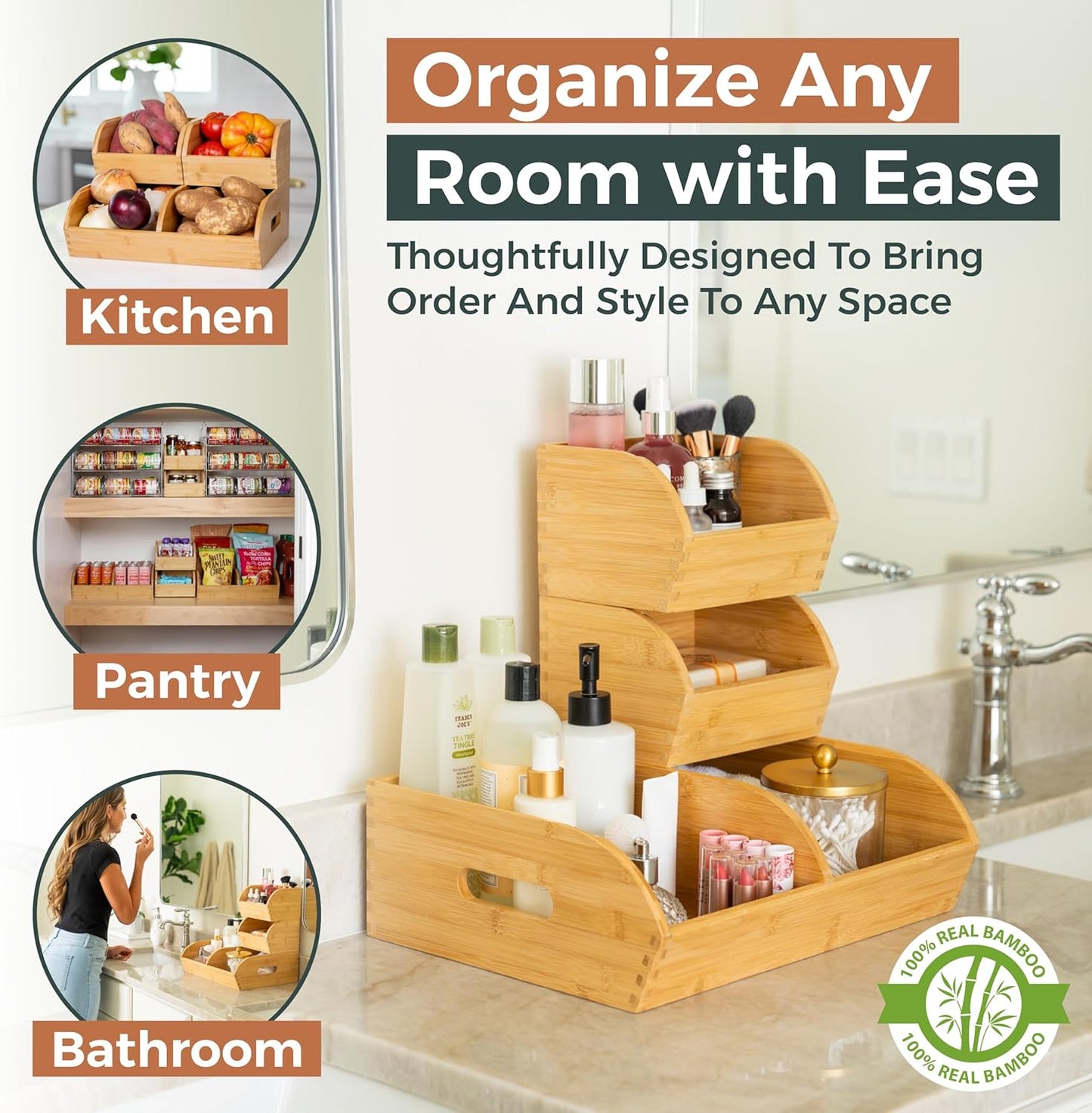 Potato and Onion Storage Bin for Pantry and Kitchen Counter - Ventilated Stackable Bamboo Organizer Baskets with Handles - Multipurpose Organization Containers for Fruit, Vegetable, Pantry - 3 Pack