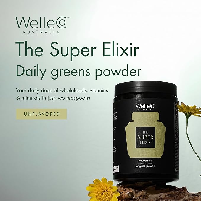 WelleCo The Super Elixir Daily Greens Powder, Probiotic Drink Mix with Whole Foods, Gluten Free, Vegan Gut Health Powder, Energy, Immunity, Healthy Skin, Hair & Nails (300g, Unflavored) Jar
