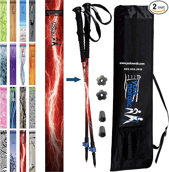 York Nordic Hiking & Walking Poles - Cushion Foam Grips w/Nordic Strap - Lightweight, Adjustable, and Great for Balance -2 Pieces w/Flip Locks, and Travel Bag - Heights 5'4"-6'2"