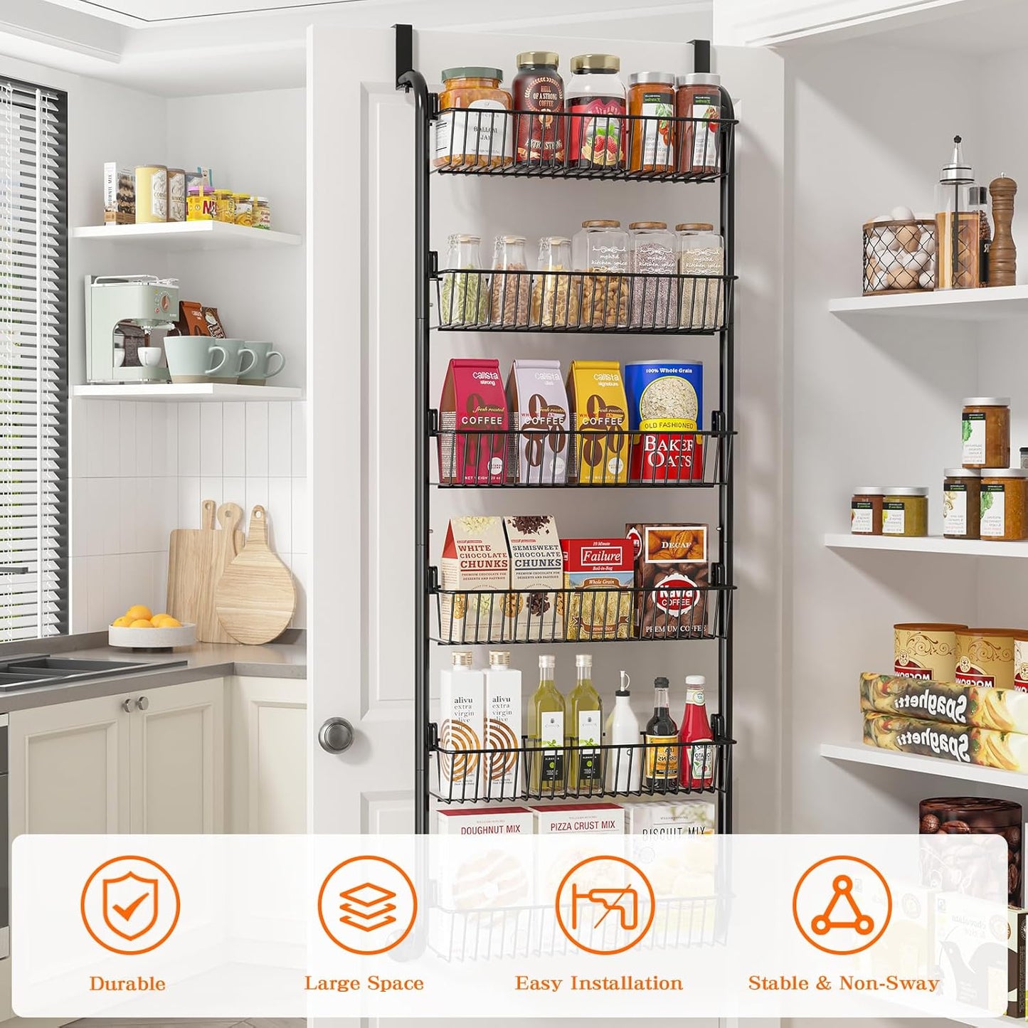 MIAOLI Over The Door Pantry Organizers and Storage, 6-Tier Spice Rack, Home & Kitchen Storage Shelves for Cabinet, Large Capacity Hanging Seasoning Organizer, Laundry Room Organization, Black