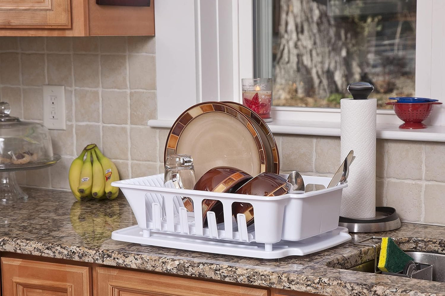 2-Piece Large Sink Set Dish Rack Drainer, White (18 L x 13 3/4" W x 5 1/2" H), 3/4" L x 3/4" W x 06278006