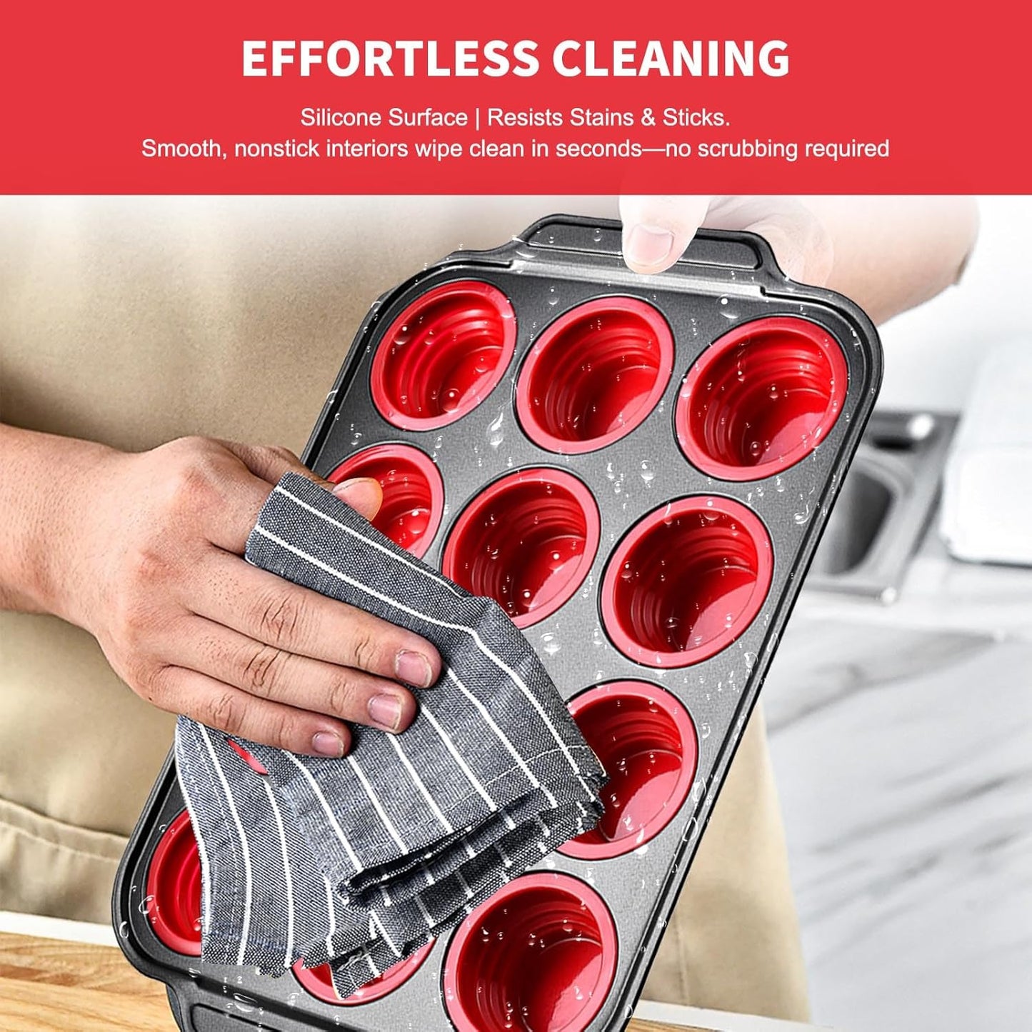 Silicone Muffin Pan with Metal Frame, Egg Bite Maker Silicone Molds for Baking, Cupcake Pans 12 Regular Size, Muffin Tins Easy to Pop Nonstick Non Toxic Bakeware for Oven (Red-6)