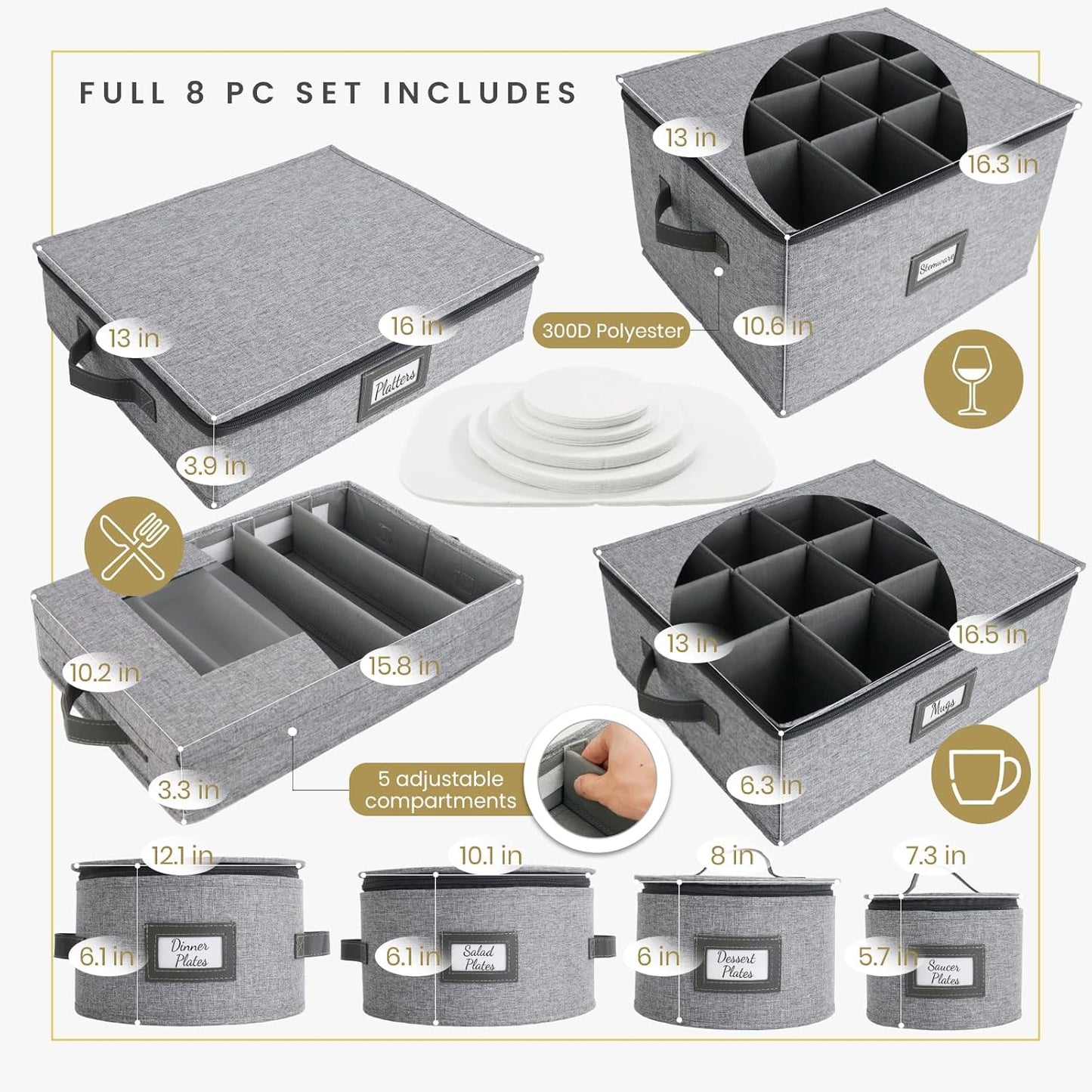 HOMELUX THEORY Saucer Plate Storage Box, 2pc LightGray Hard Shell China Storage Containers Thick Lid & 24 Felt Pads, Heavy Duty Moving Box with Handles for Dishes, Dinner Plate, & Dinnerware