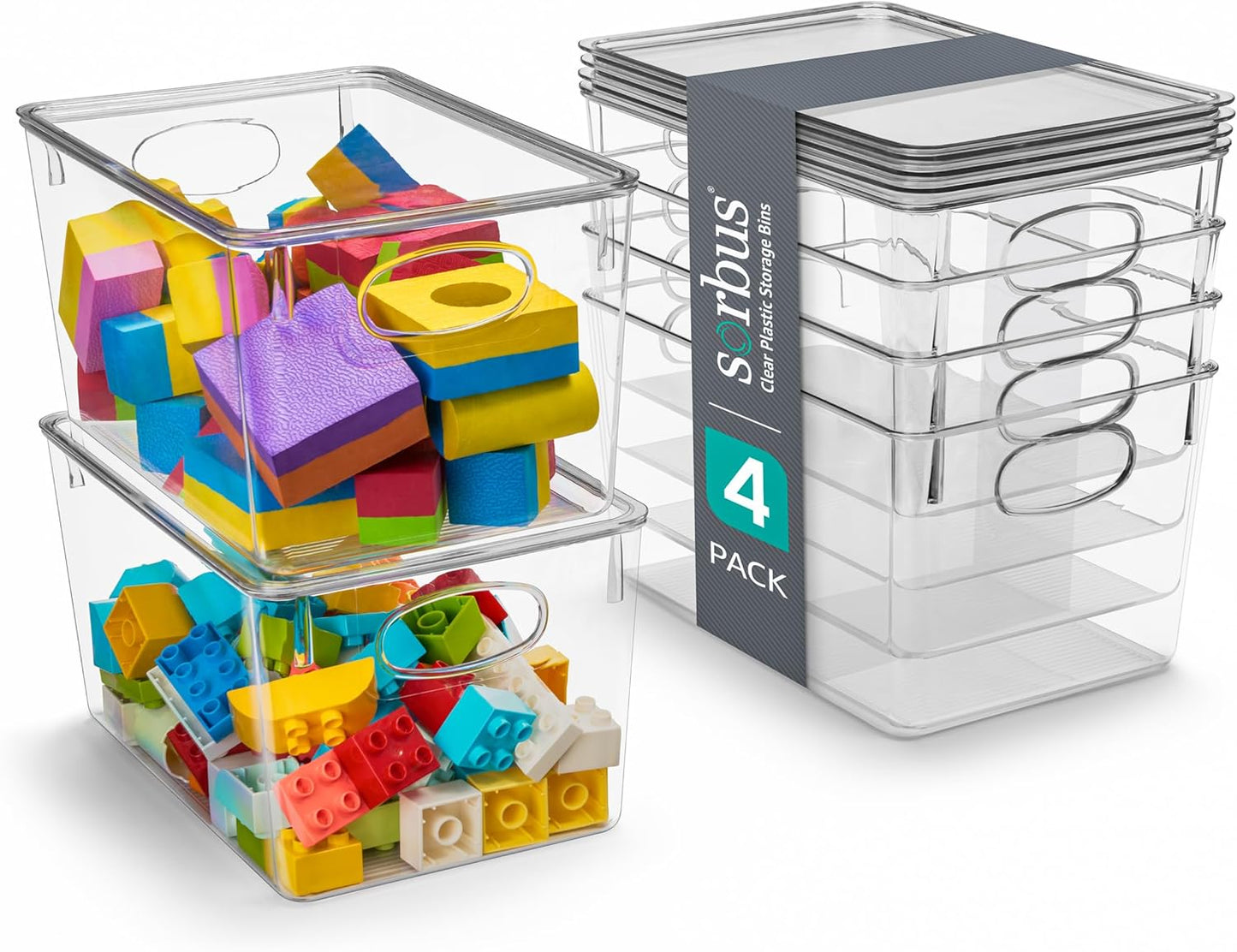 Sorbus Large Clear Plastic Bins with Lids – Stackable Organizer for Toys, Clothes, Medicine, Makeup, Art Supplies, Closet, Bathroom, and Shoes (4 Pack)