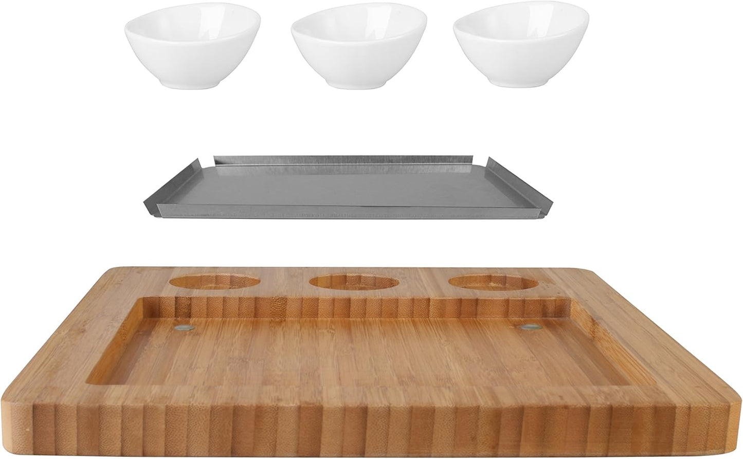Artestia Bamboo Platter Replacement for AR-88023, 1 Stainless Steel Tray + 3 Ceramic Cups + 1 Bamboo Serving Tray, No Stones Included