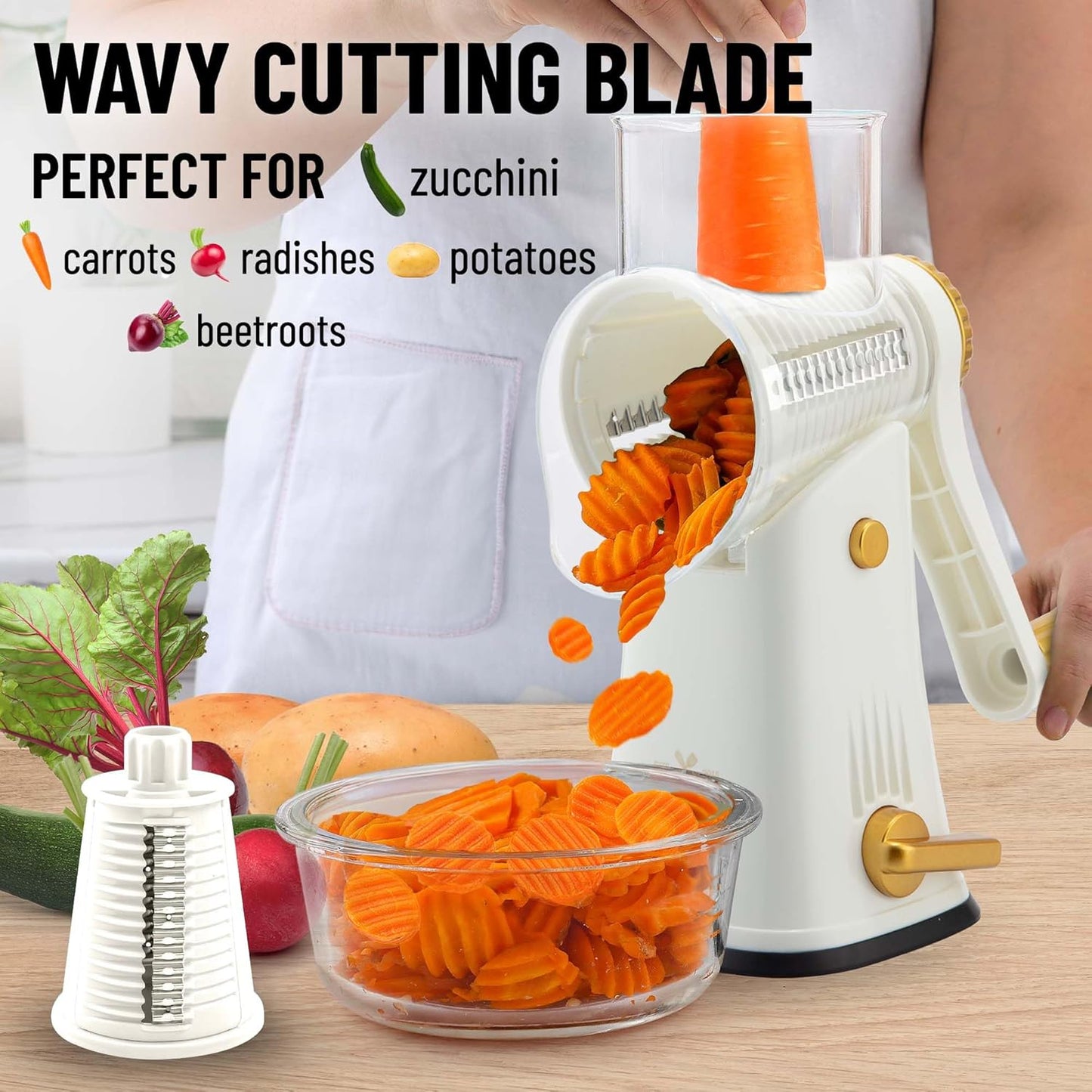 Zulay Kitchen Rotary Cheese Grater 5 Blade Cheese Shredder - Manual Hand Crank Cheese Grater With Reinforced Suction & 5 Interchangeable Drums - Easy to Use, Vegetable Chopper Round Mandoline Slicer