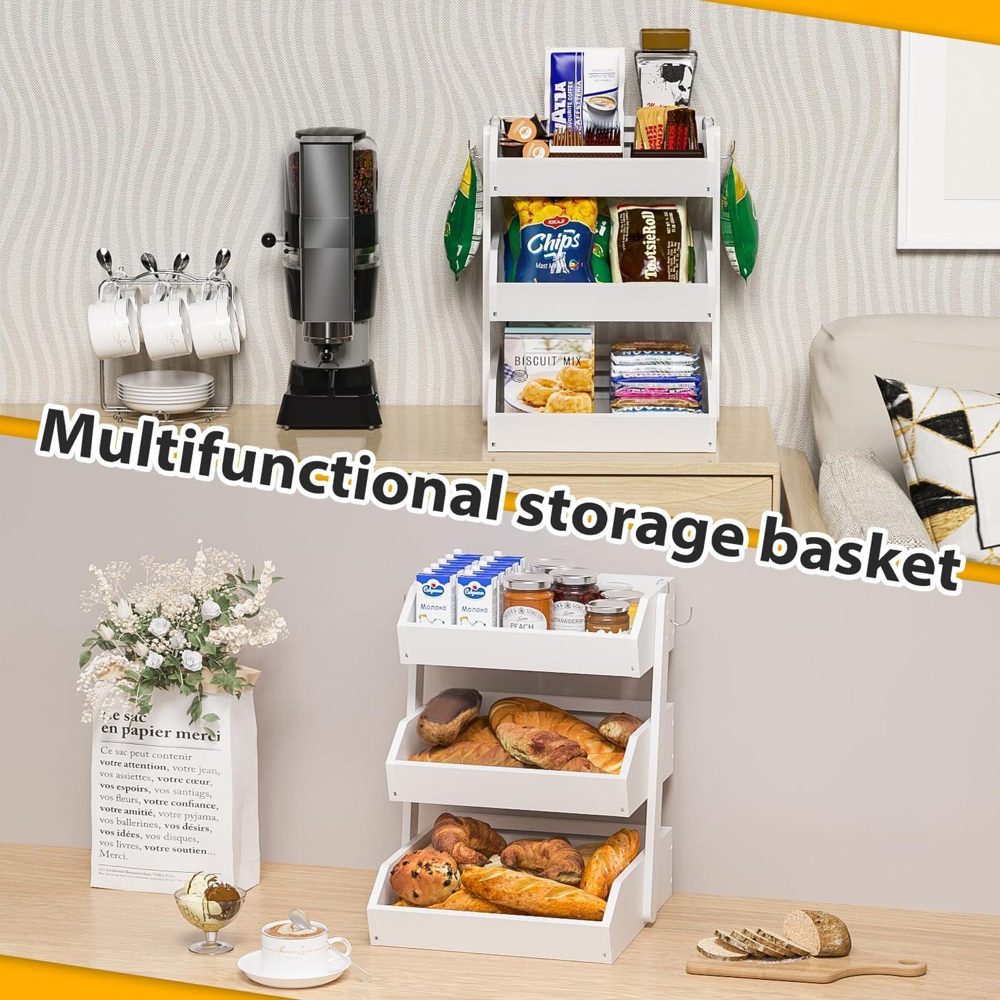 Bamboo Fruit Basket for Kitchen– 3 Tier Fruit Bowl For Kitchen Counter, Large Fruit Holder With Banana Hangers, Idea For Vegetable Storage, Bread Display, Snack Organizer(White)