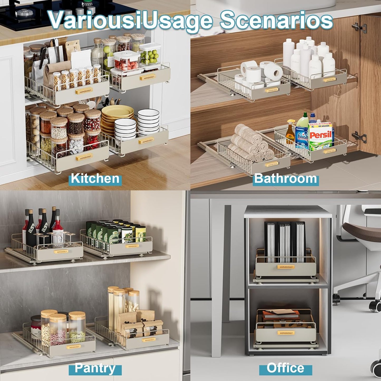 Under Sink Organizer, 2 Pack Pull Out Kitchen Cabinet Organizer, Mute Slide-Out Under Sink Organizers and Storage, Metal Kitchen Bathroom Organizers and Storage Shelves, Grey