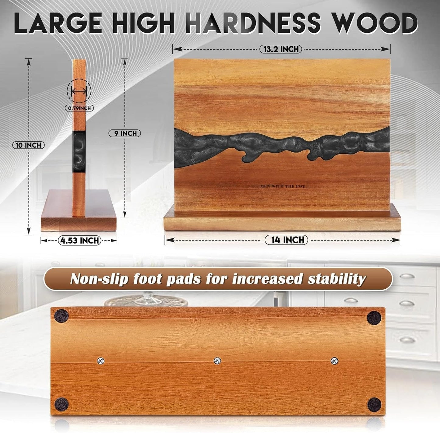 MEN WITH THE POT 13 x 10 Inches Magnetic Knife Block, Double Sided Powerful Wood & Black Flow Pattern Magnetic Kitchen Knives Holder Stand, Knife Storage Organizer for Kitchen Counter (Without Knives)