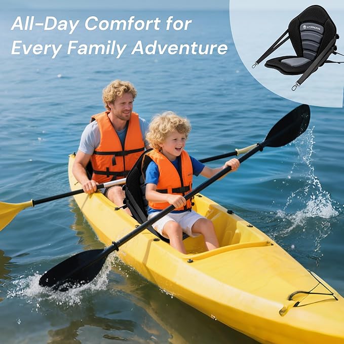 Standard Padded Kayak Canoe Seat Adjustable Backrest with 4 Straps Durable Sit-On-Top Cushion for Kayaking, Rafting & Fishing