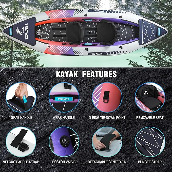 UPWELL 11'/14'6”Inflatable Kayak with Drop Stitch Floor and Accessories Including Kayak Seat with Thickened Cushion, Paddle, Fin, Repair Kits, Carry Bag and Hand Pump