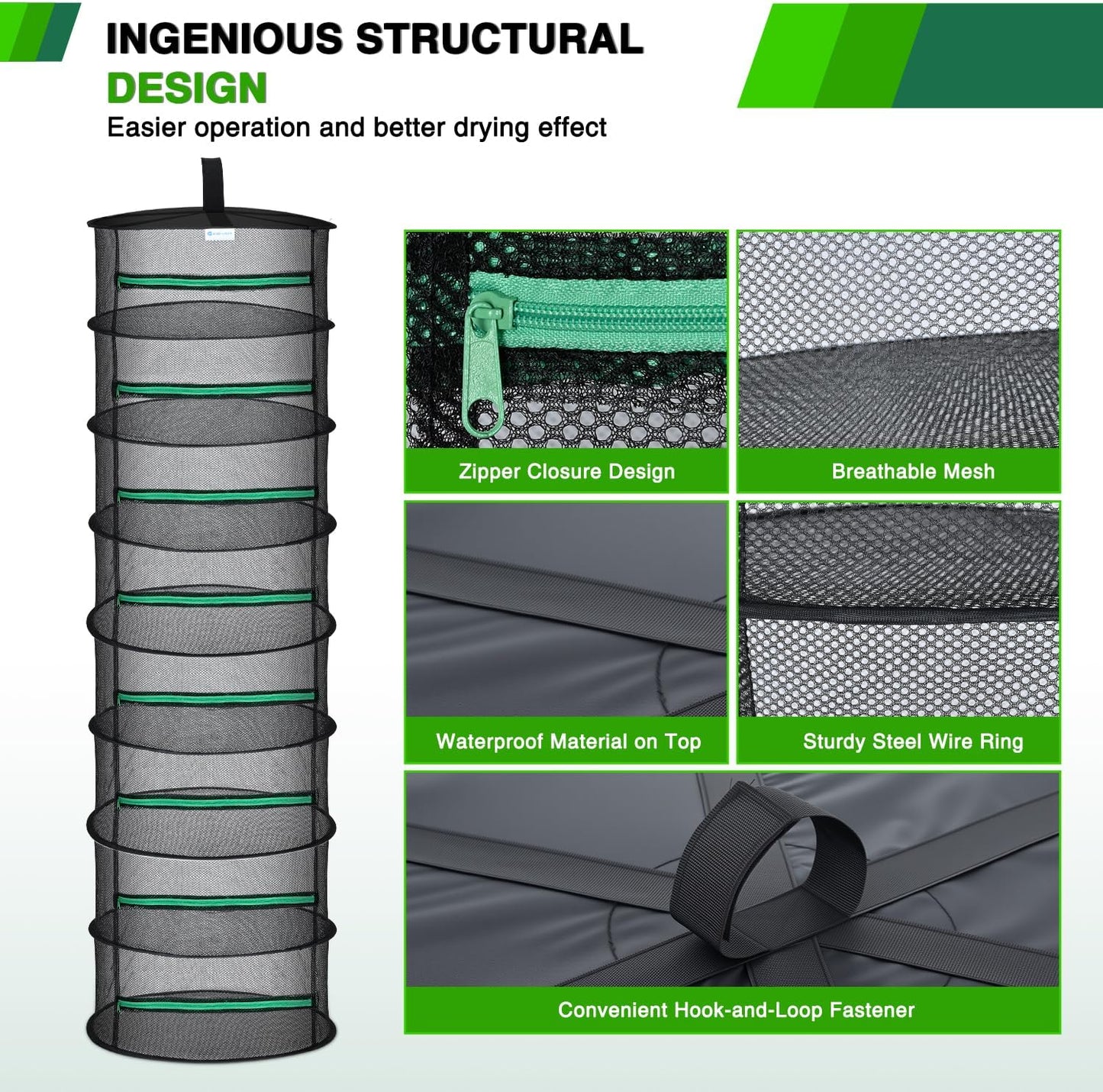 Yesker 8 Layer Herb Drying Rack Hanging Mesh Net Foldable Plant Drying Racks 24" w Green Zipper Pruning Shears Hook Dryer Hanging Rack for Herbs Seed Bud Fruit Clothes Grow Tent Closets Garden Outdoor