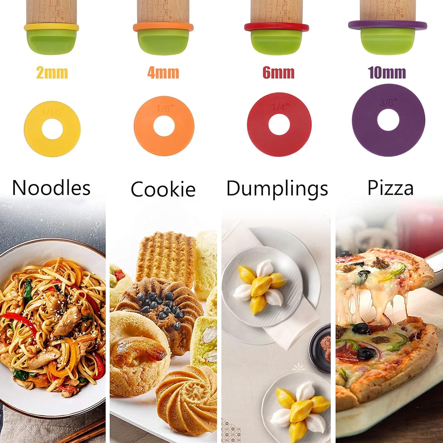 Rolling Pin with Thickness Rings and Pastry Baking Mat, 13.6" Adjustable Wooden Rolling Pin Dough Roller for Baking Cookie Pizza, Comes with Large Silicone Pastry Mat, Kitchen Baking Tools