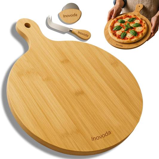 Wood Pizza Cutting Board with Cheese Knife & Pizza Cutter -12” Pizza Board with Handle -Pizza Peel Chopping Board, Decorative Serving Board for Pizza & Charcuterie