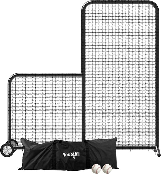 Yes4All Portable L-Screen Baseball 7x7ft with 2 Baseballs, Rubber Wheels - L Screen Baseball for Batting Cage, Protective Pitching Screen Net Double Layers, Carry Bag Included