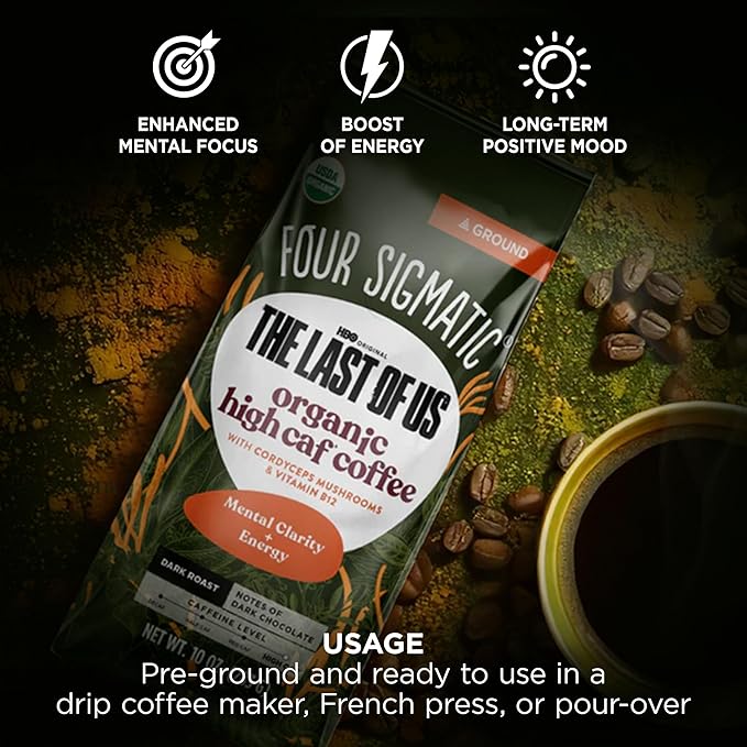 Four Sigmatic The Last of Us High Caffeine Cordyceps Coffee | Organic Dark Roast Extra Strong Ground Coffee with L-Theanine | Energy Booster Without the Jitters | 10oz Bag