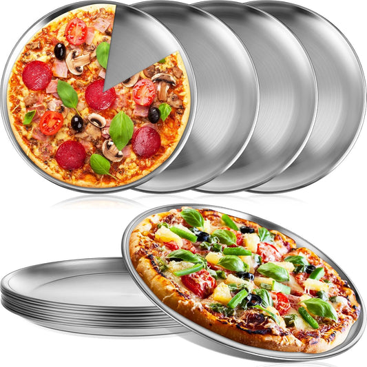 Thenshop 8 Pieces 10 Inch Pizza Pans Bulk Stainless Steel Sets Round Bakeware Pizza Trays for Oven Kitchen Baking Home Restaurant Picnics Holiday Activities Safe Sturdy Reusable Easy Clean(Silver)