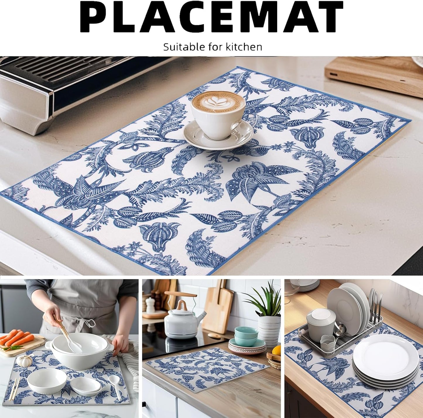 2 Pack XXL 17" x 24" Blue and White Porcelain Dish Drying Mat - Dish Drying Mats for Kitchen Counter, Super Absorbent, Anti-Slip, Fast Drying, Kitchen Must-Have