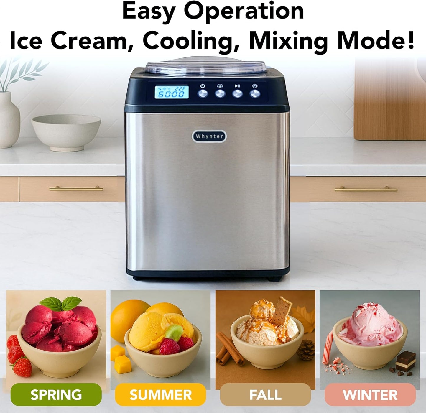 Whynter Ice Cream Maker Machine Automatic 2.1 Qt. Upright with Built-In Compressor, LCD Digital Display & Timer, No Pre-Freezing, ICM-201SB, Stainless Steel