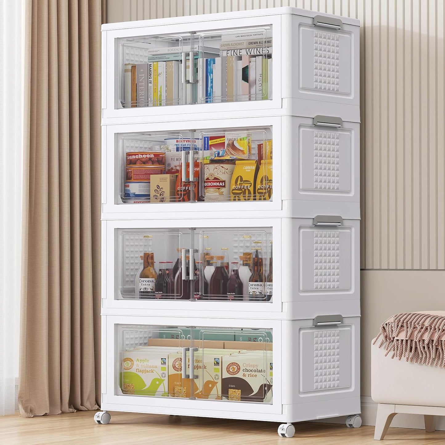 55" H 116Gal Plastic Storage Bins with Lid & Wheels,4Pack Large Stackable Storage Bins with Doors,Closet Organizers and Storage Cabinet Shelves Collapsible Box for Home Kitchen,White