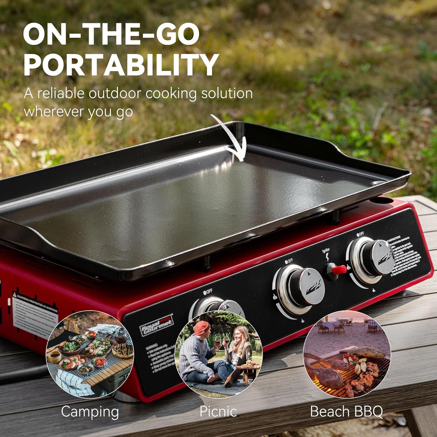 Royal Gourmet PD1301R 3 Burner Tabletop Propane Gas Griddle with Cover, 24 Inch Portable Griddle with 25,500 BTUs Output for Outdoor Cooking While Camping or Tailgating, Red