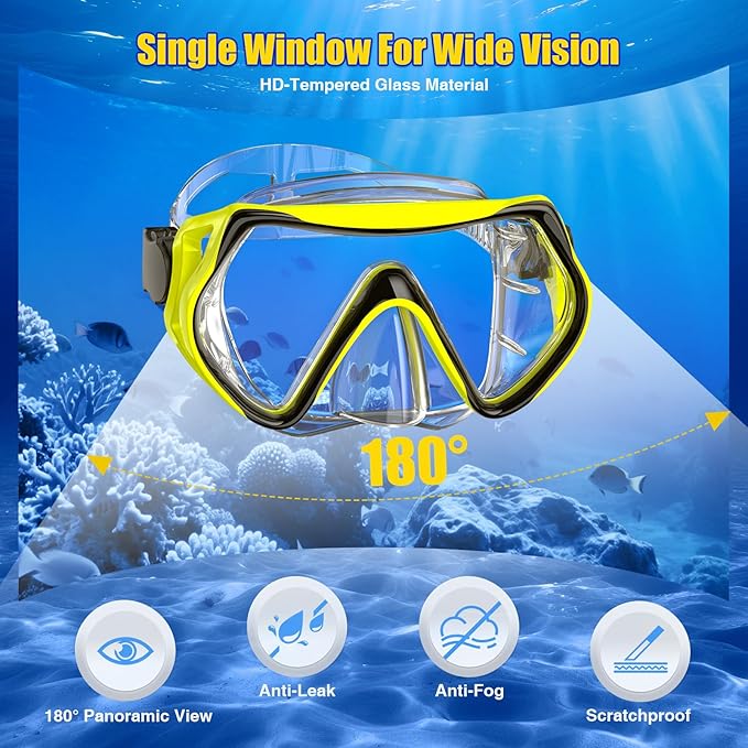 Snorkeling Gear, Dry Snorkel Set180° Panoramic Wide View,Anti-Fog Scuba Diving Mask, Professional Snorkeling Gear for Free Breathing, Swimming, Diving