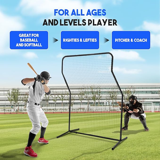 Yes4All Portable L-Screen Baseball 7x7ft with 2 Baseballs, Rubber Wheels - L Screen Baseball for Batting Cage, Protective Pitching Screen Net Double Layers, Carry Bag Included