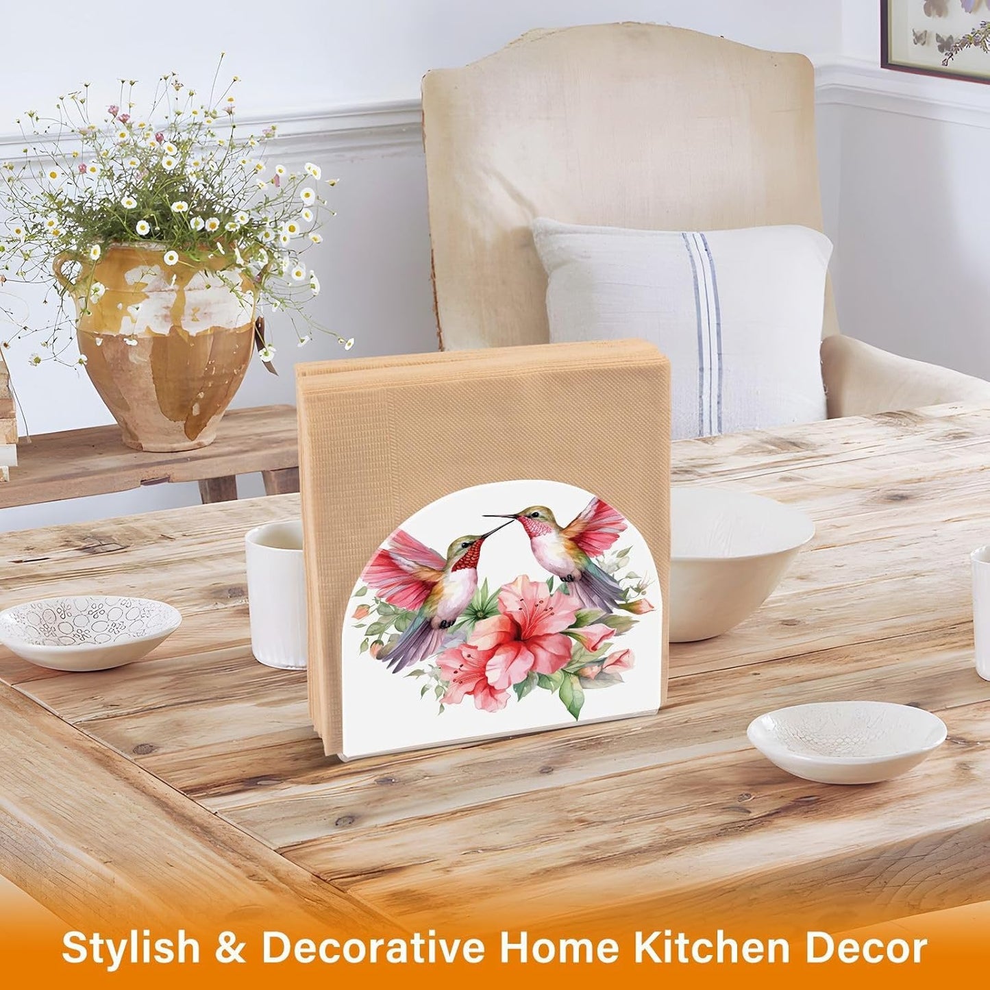 Hummingbirds Spring Floral Napkin Holder for Table Paper Napkins Holder Acrylic Tissue Dispenser Kitchen Dining Room Bathroom Party Car Decor