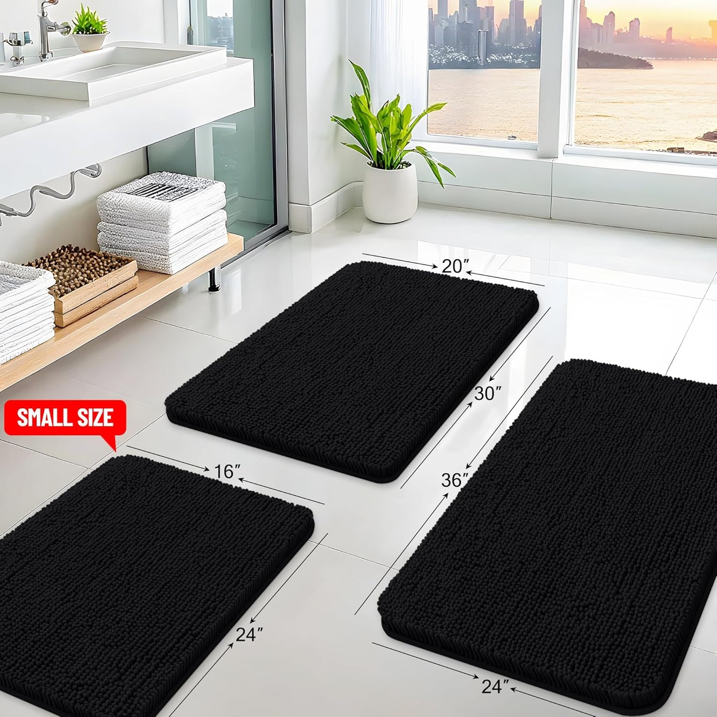 Arotive Bathroom Rugs 30x20, Extra Soft Absorbent Shaggy Chenille Bath Rugs, Machine Washable Rubber Backing Non-Slip Bath Mats for Bathroom Floor Tub and Shower, Home Decor Accessories, Black