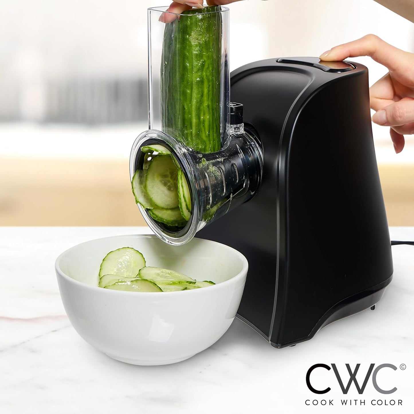 COOK WITH COLOR 5-in-1 Electric Slicer, 150W Food Prep Machine – Cheese Shredder, Fine & Coarse Graters, Potato Grater, Vegetable Slicer, Fruit, Salad Shooter, Compact Design for Bowl Prep, Black