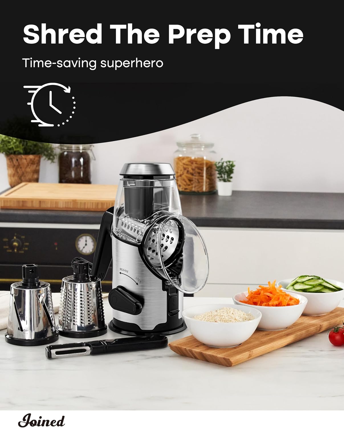 Joined Rotary Cheese Grater with Handle - Mandoline Slicer with 3 Stainless Steel Drum Blades-Vegetable Slicer Walnuts Grinder Cheese Shredder Round Mandoline with Peeler