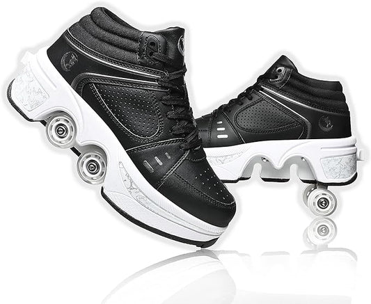Roller Skate Shoes for Women Four Rounds Children's Roller Skates Shoes That Turn into Rollerskates Sneakers Outdoor Light Shoes with Wheels for Girls/Boys