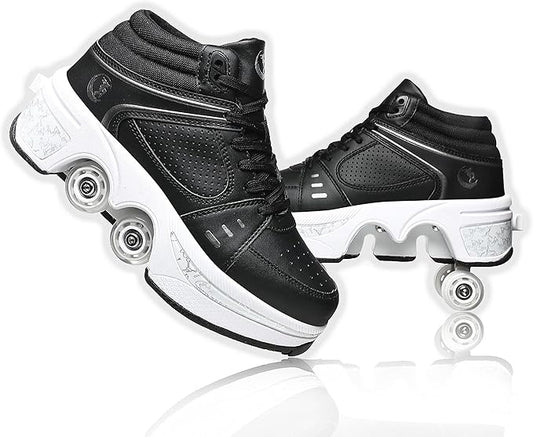Roller Skate Shoes for Women Four Rounds Children's Roller Skates Shoes That Turn into Rollerskates Sneakers Outdoor Light Shoes with Wheels for Girls/Boys