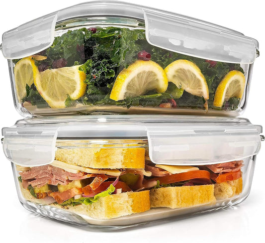 Razab 6.5 Cups / 52 Oz 4 Piece (2 Containers + 2 Lids) Glass Food Storage Containers Set with Airtight Locking Lids - For Storing, Baking & Serving BPA Free, Leakproof - Microwave, Freezer & Oven Safe