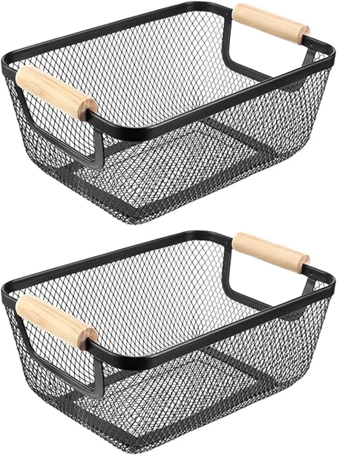 2 Pack Metal Mesh Steel Basket, Small Wire Storage Organizer Basket Multi-function Hanging Kitchen Basket Fruit Baskets with Wood Handle for Kitchen Picnic Cabinet Home Decor, Rectangle-Black