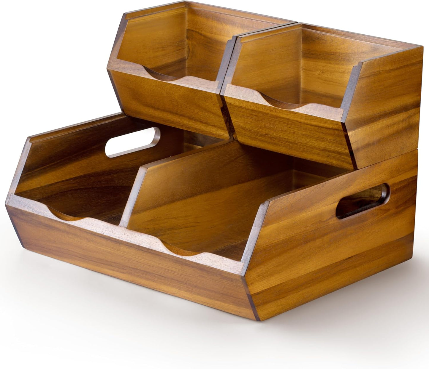 Acacia Wood Pantry Storage Bins - Stackable Open Front Kitchen Baskets with Airflow Vent for Potato, Onion, Fruit, Vegetable, and Bread Storage, Wood Organizer for Pantry and Countertop