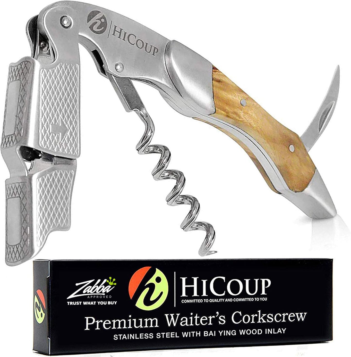 Hicoup Wine Opener - Professional Corkscrews for Wine Bottles w/Foil Cutter and Cap Remover - Manual Wine Key for Servers, Waiters, Bartenders and Home Use - Stainless Steel with Bai Ying Wood Inlay