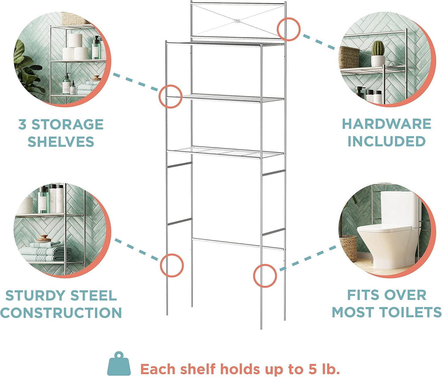 Zenna Home Over the Toilet Storage Shelf Space Saver, Behind Toilet Bathroom Organizer and Storage, Metal Bathroom Organizer with 3 Shelves, Satin Nickel