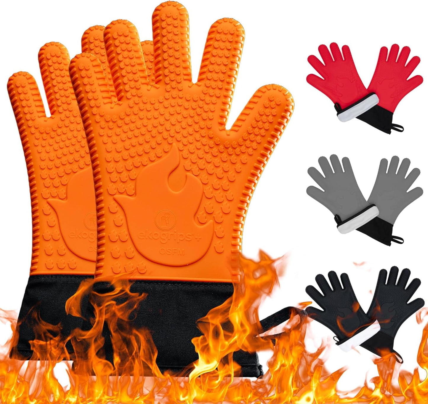 Ekogrips+ Premium Silicone Oven Mitts - Comfy, Waterproof, Heat Resistant BBQ Gloves for Grilling, Long Cuff for Added Protection, 5 Finger Dexterity, 3 Sizes, 4 Colors, S/M, Orange