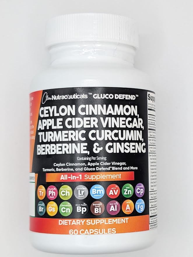 Clean Nutraceuticals Ceylon Cinnamon Turmeric Apple Cider Vinegar Ginseng Berberine Plus Bitter Melon Gymnema Milk Thistle Fenugreek - 2Pack