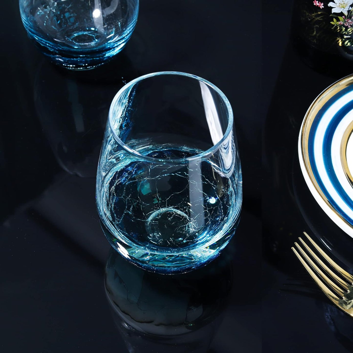 Joeyan Handmade Blue Stemless Crackle Wine Glasses Cups,Large Crystal Red Wine Tumblers,Aesthetics Glassware Collection, Home Gift,Set of 2,19 oz